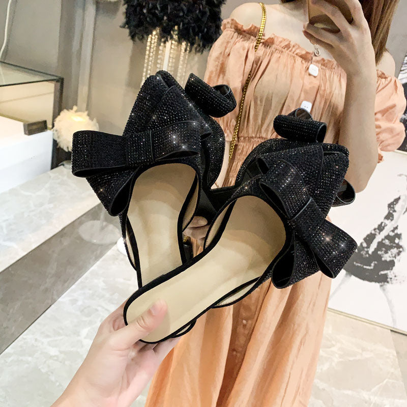 Rhinestone pointed bow-accented block heel mules