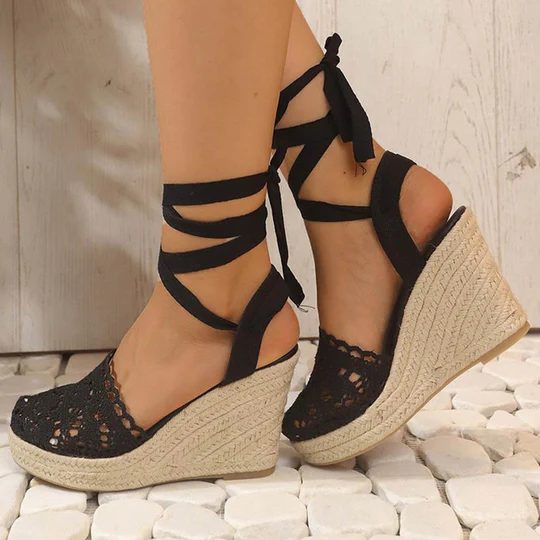 Linen Woven Cross Strap Wedge Sandals