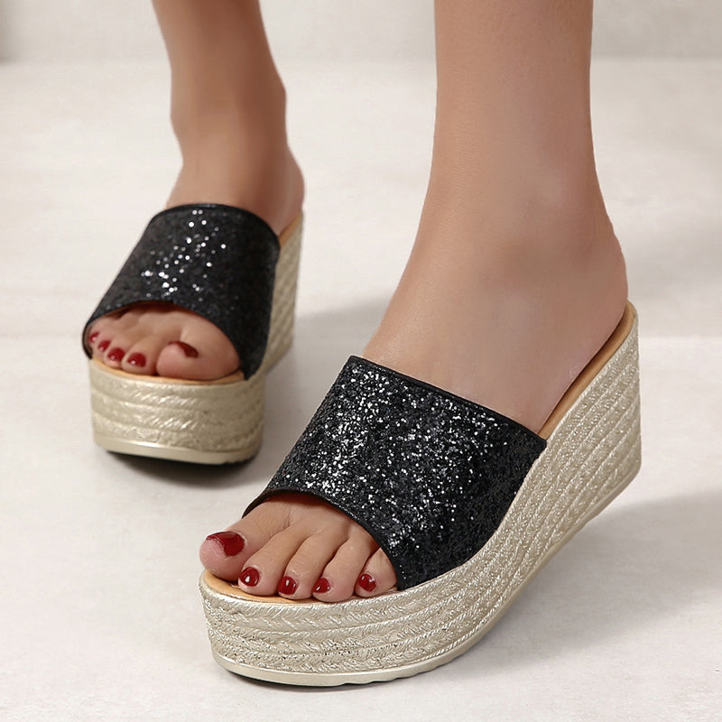 Glitter Wedge Slippers For Women