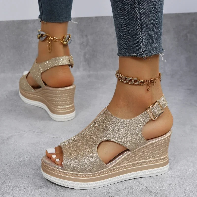 Women's Gold Glitter Wedge