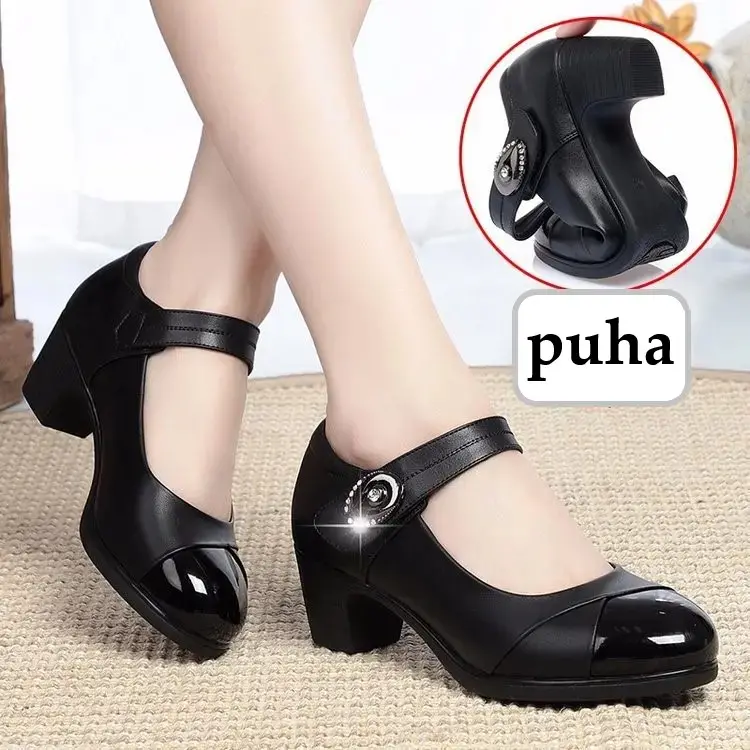 Women Fashion Sweet Black High Quality Round Toe Buckle Strap Office Heel