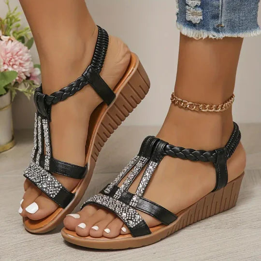 Bohemian Women Wedge Heels Rhinestone Crystal Strap Sandals