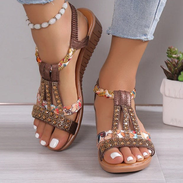 Bohemian Women Wedge Heels Rhinestone Crystal Strap Sandals