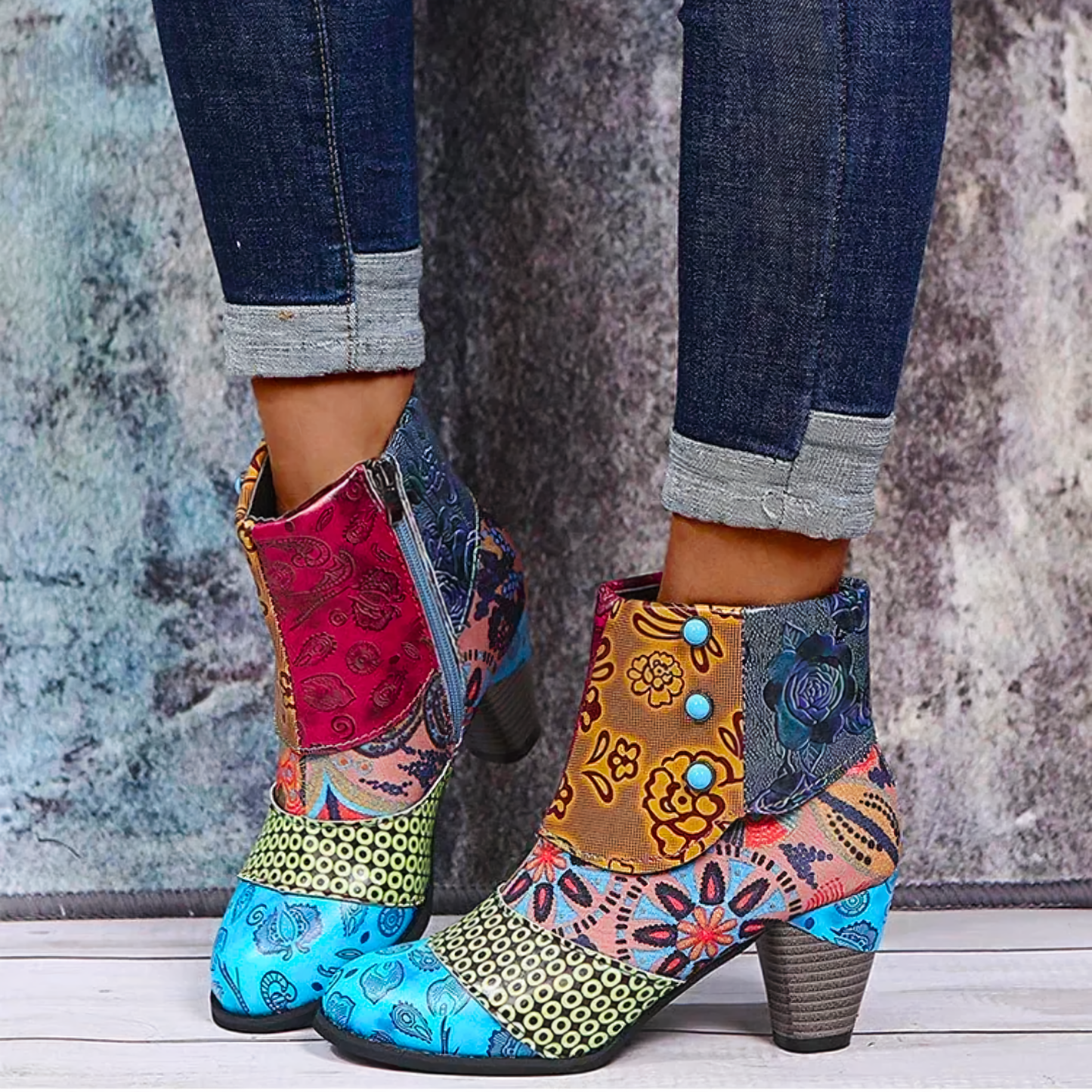 Yellow & Red Floral Patchwork Ankle Boot