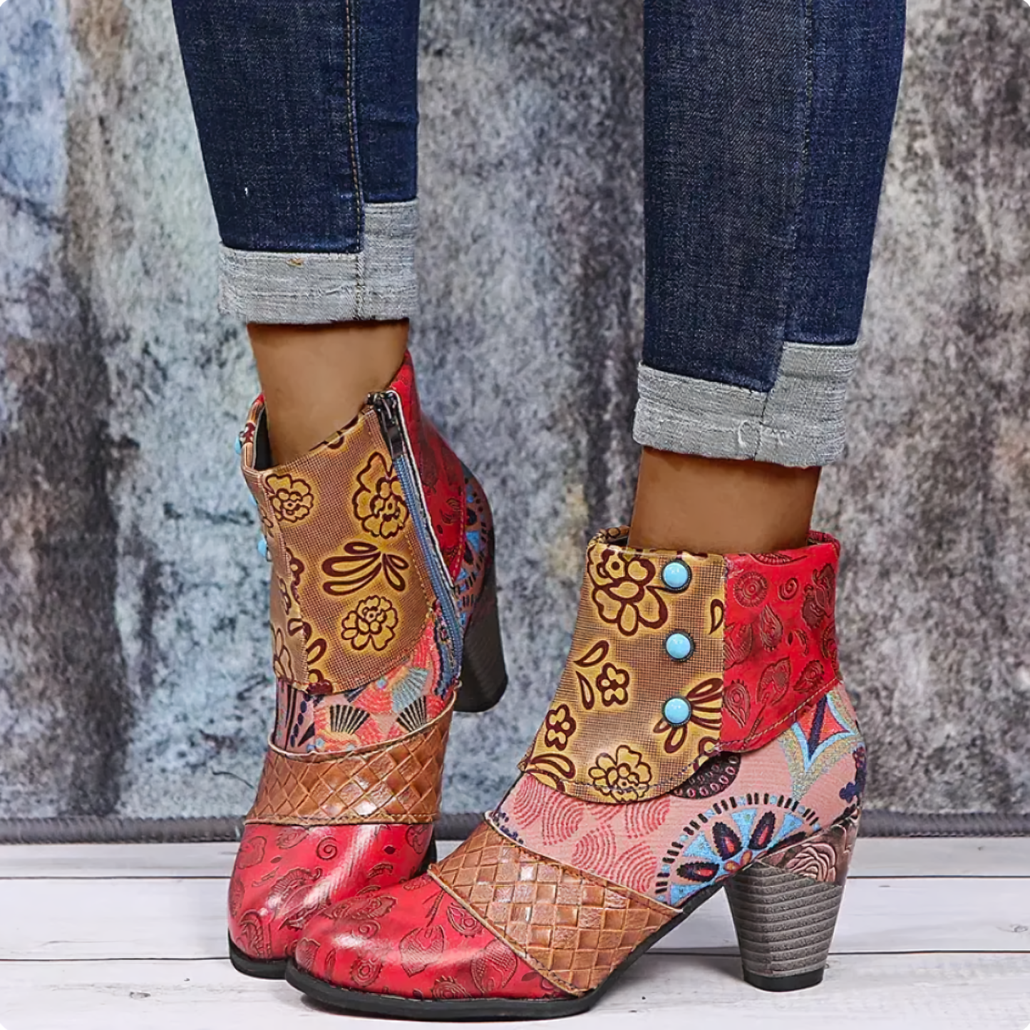 Yellow & Red Floral Patchwork Ankle Boot