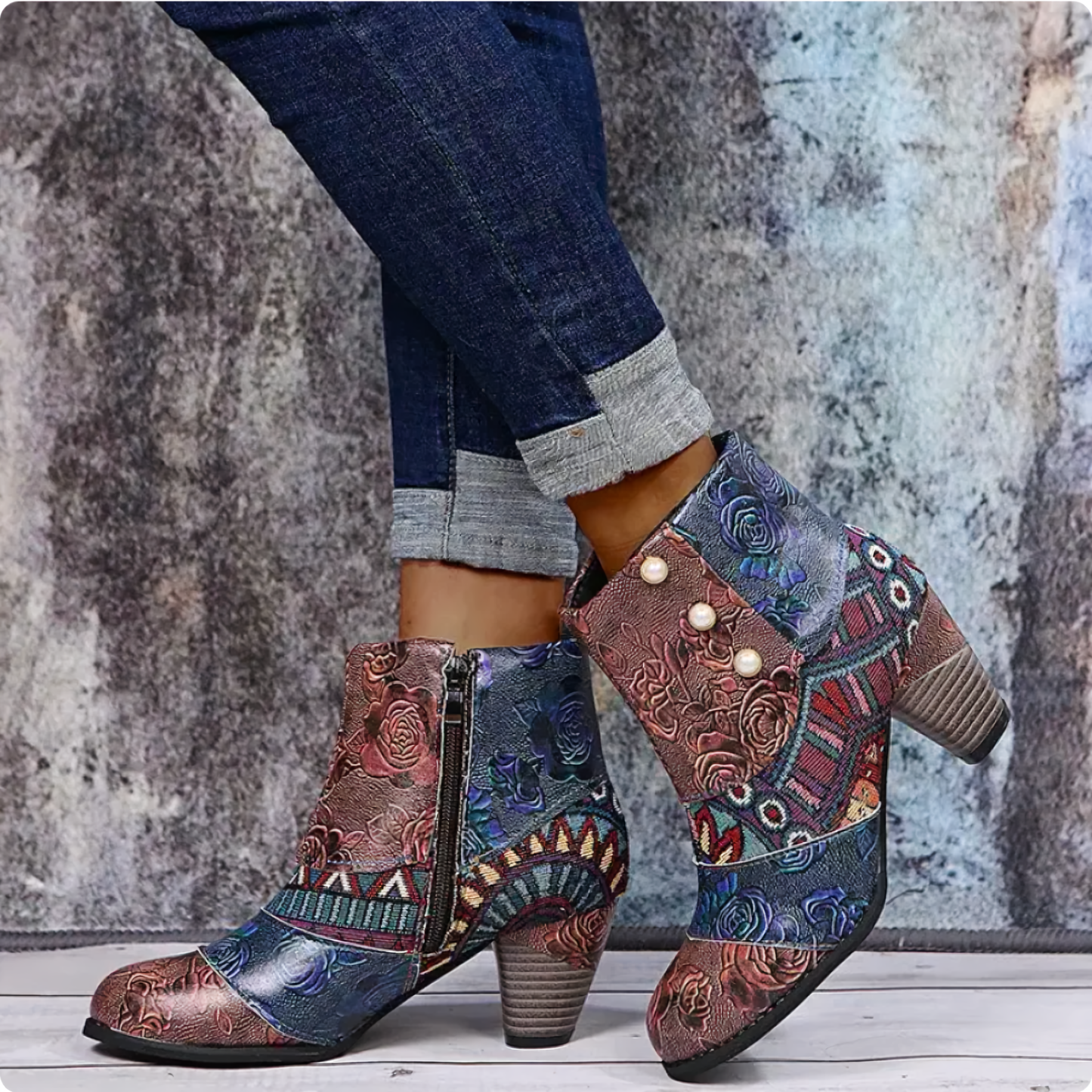 Yellow & Red Floral Patchwork Ankle Boot