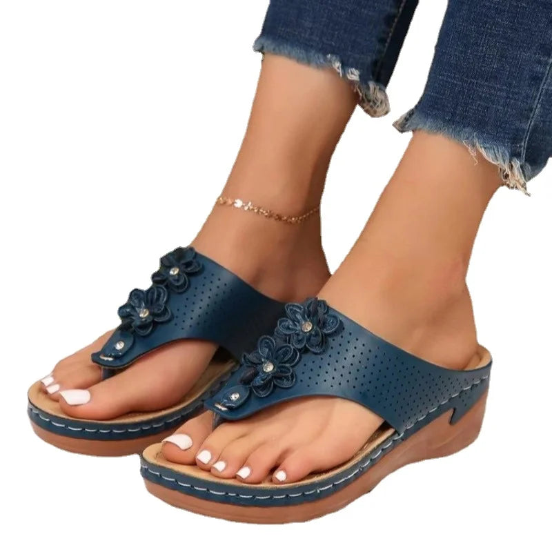 Women with arch support Casual Summer Solid Wide Navy Sandals