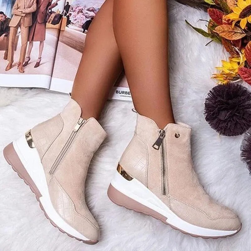 Womens Wedge Heel Side Zipper Thick Soled Ankle Boots