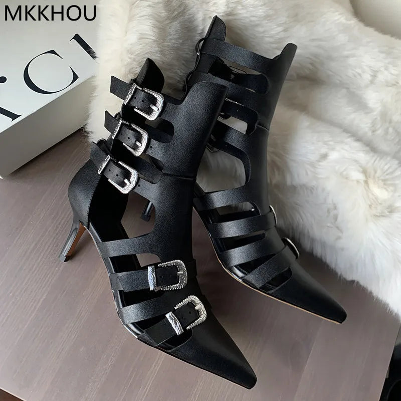 Leather Cutout High-Heeled Roman Sandals Boots