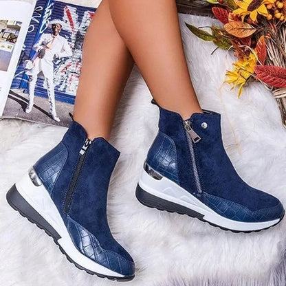 Womens Wedge Heel Side Zipper Thick Soled Ankle Boots