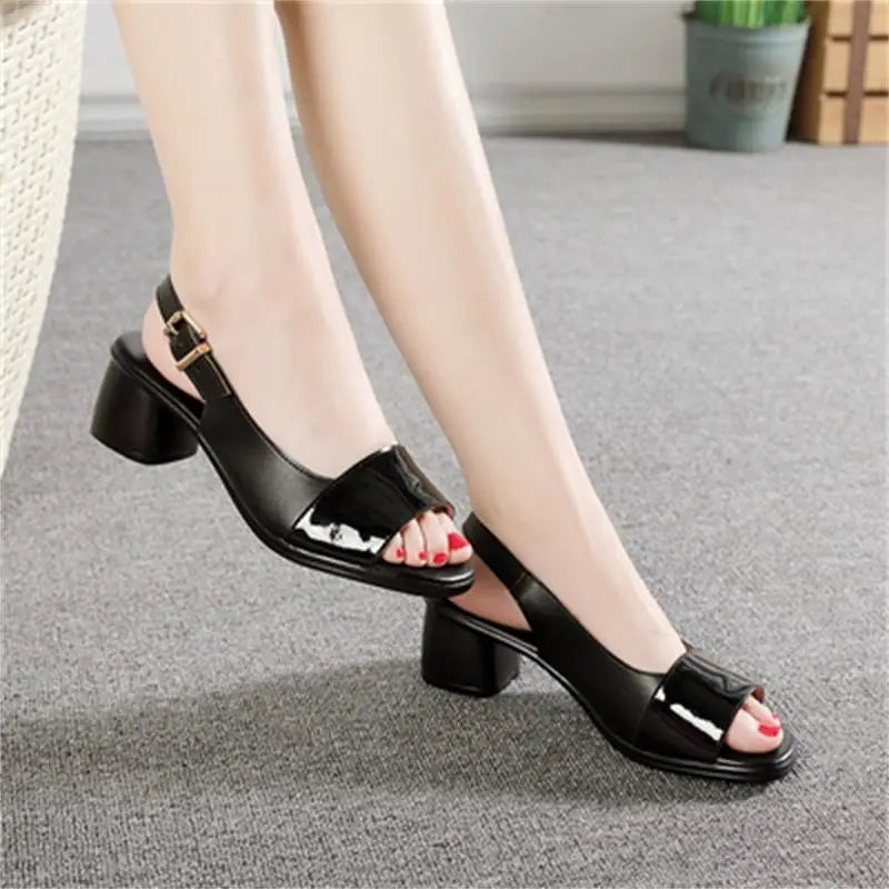 Leather High Chunky Heels Women's Sandals