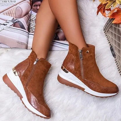 Womens Wedge Heel Side Zipper Thick Soled Ankle Boots