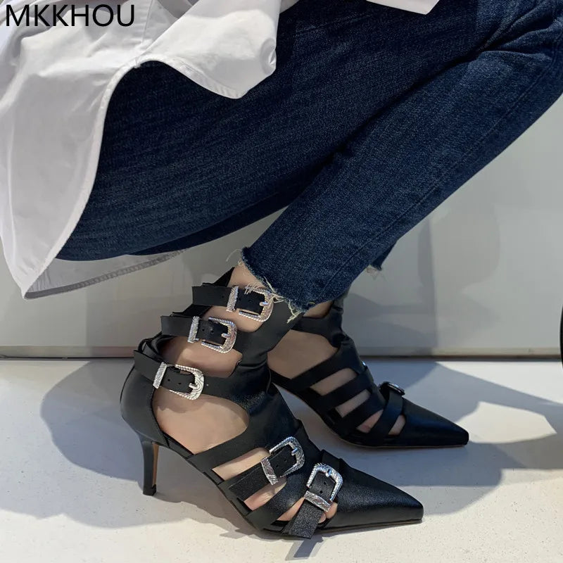 Leather Cutout High-Heeled Roman Sandals Boots