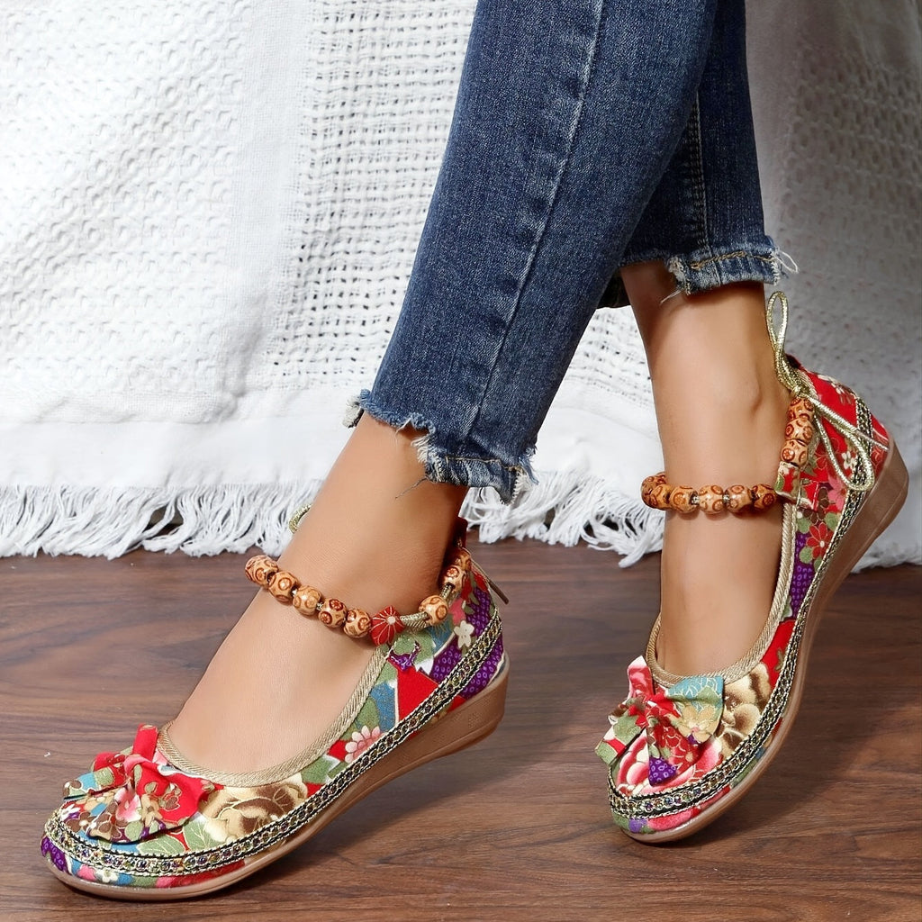 Multicolor Bow-Accent Bead Ankle-Strap Flats