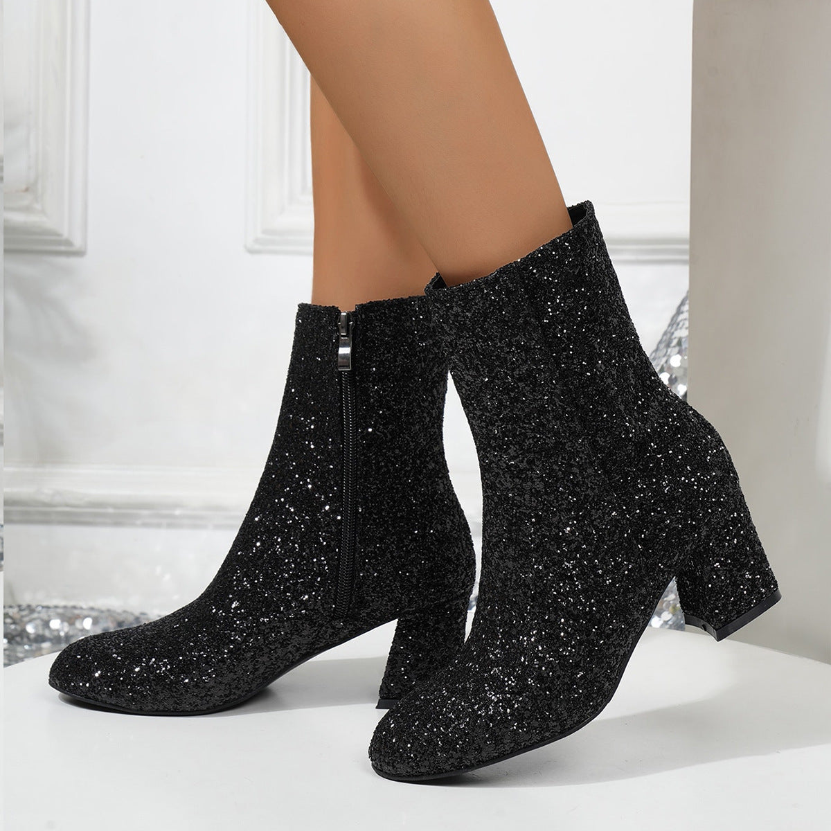 Women's Glitter Boots Sparkly High Heel Paillettes Chunky