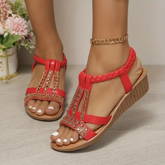 Bohemian Women Wedge Heels Rhinestone Crystal Strap Sandals