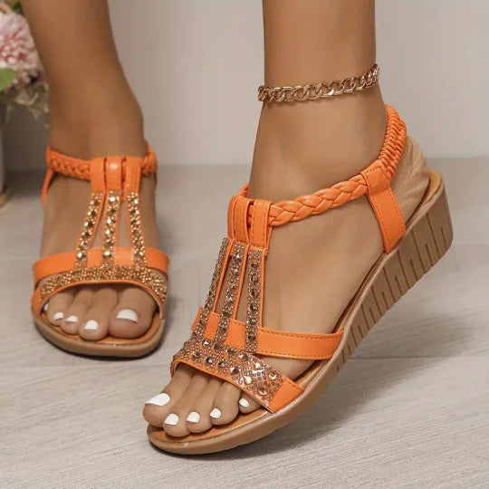 Bohemian Women Wedge Heels Rhinestone Crystal Strap Sandals