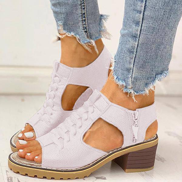 Peep Toe Cut-out Zipper Sandals with Chunky Heel